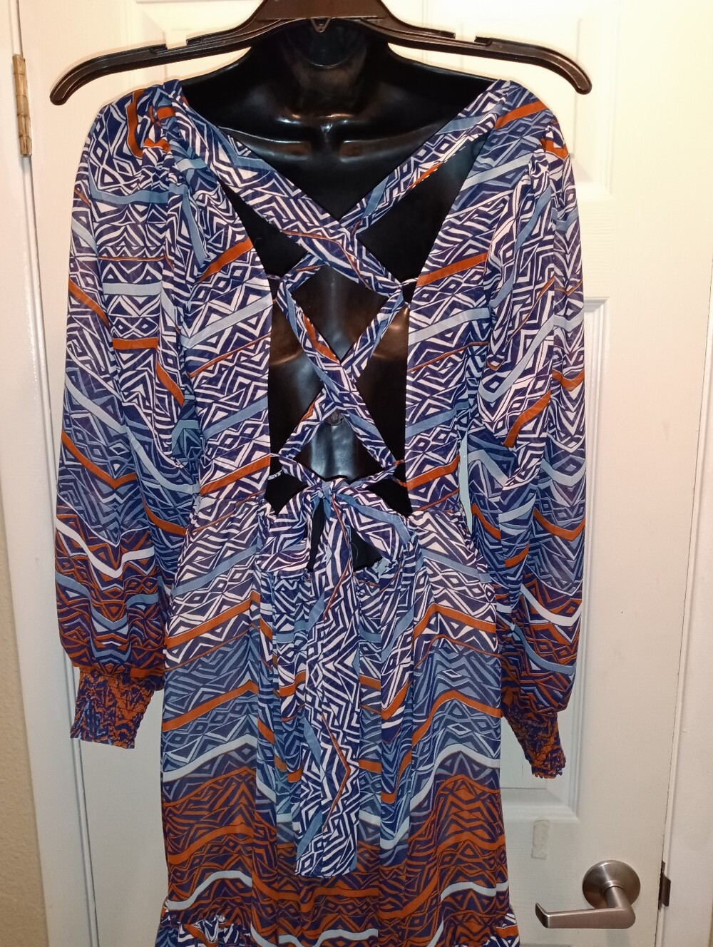 Boho Western Crisscross Back Printed Long-Sleeve Top - Blue & Rust